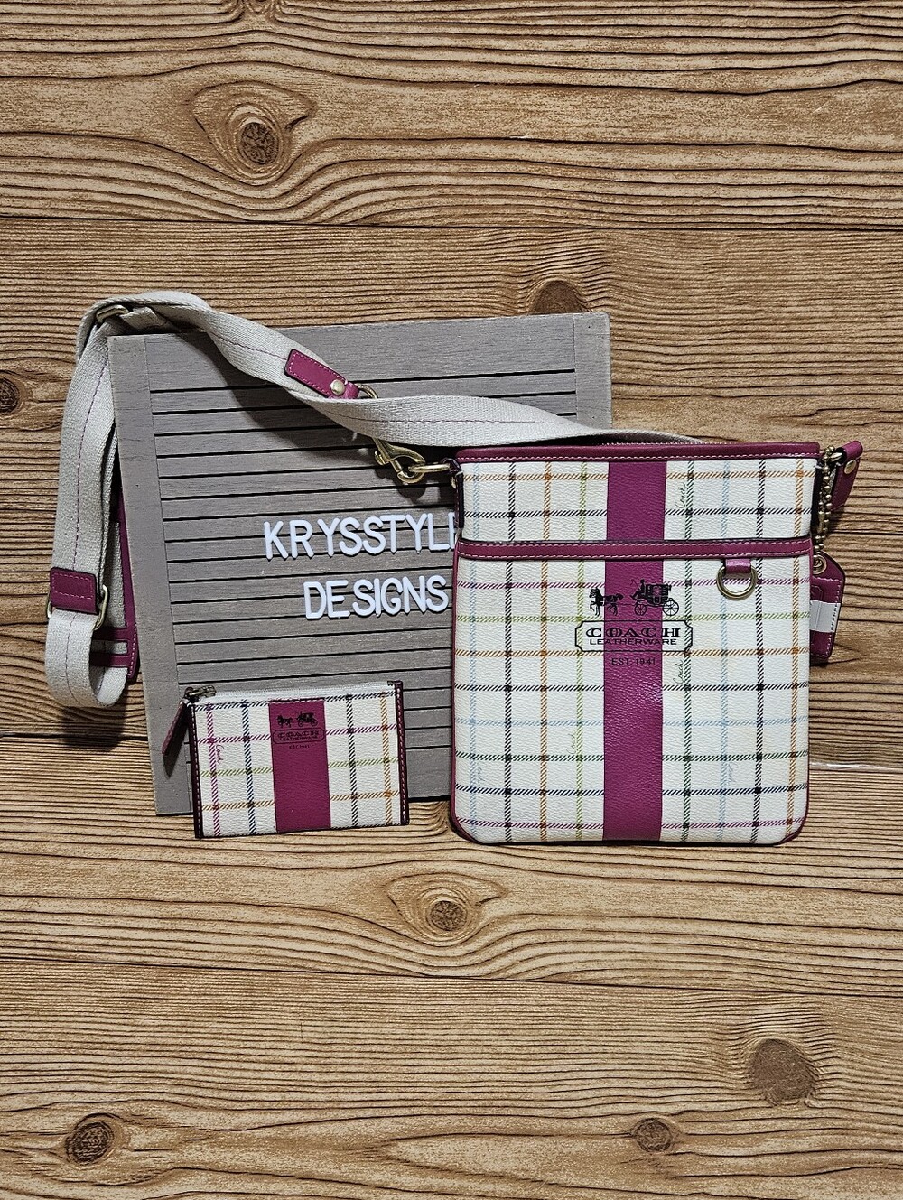 Coach Tattersall Plaid Crossbody Bag with Pink Stripe and Cream Background